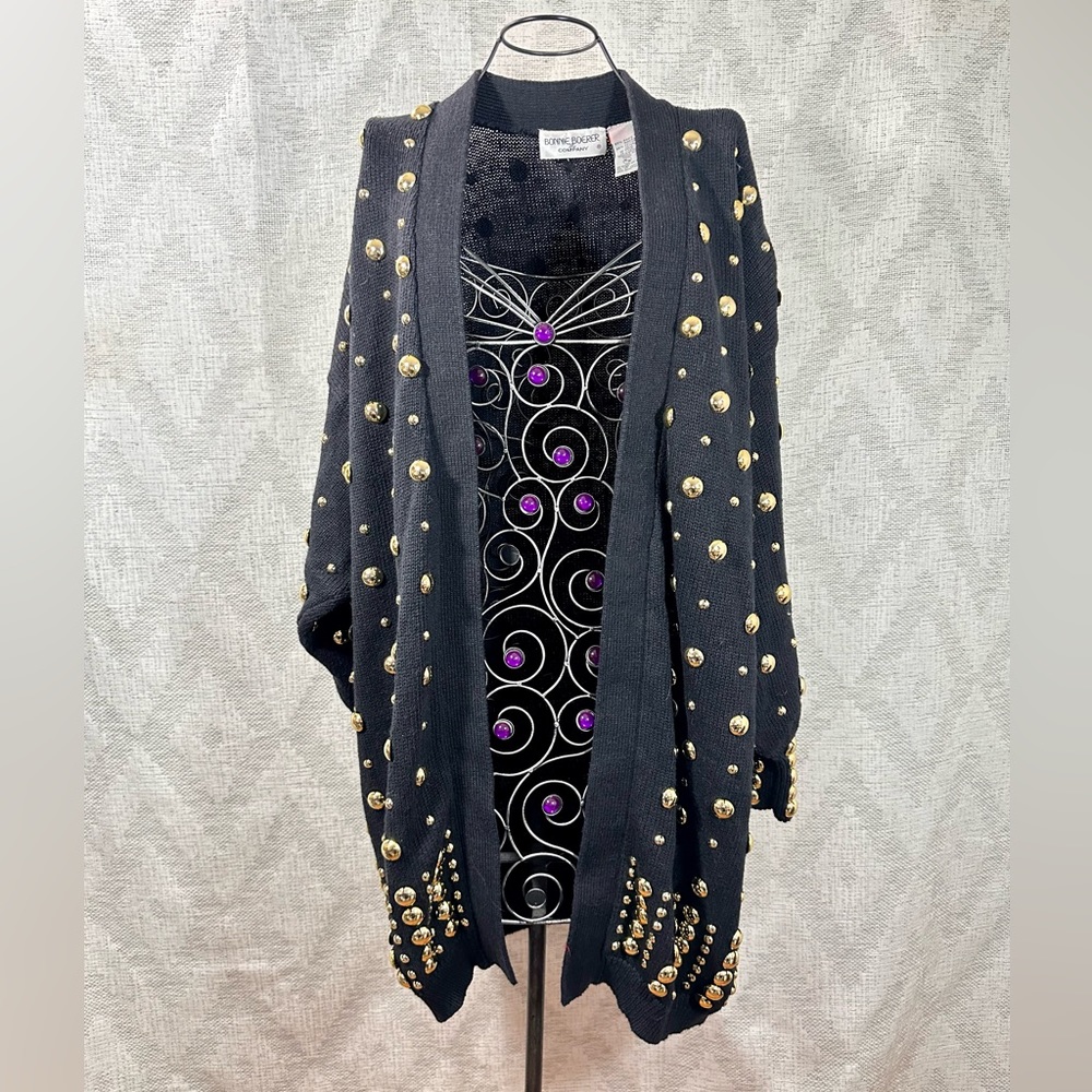 Vintage Bonnie Boerer & Company gold studded black knit cardigan size M - Picture 1 of 10